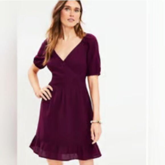 LOFT Seersucker Cotton Babydoll Dress in Purple Size 14 - Picture 1 of 12